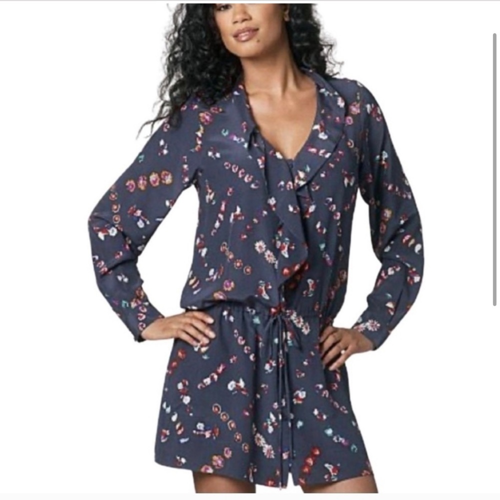 Rebecca Taylor Grey Silk Floral Long Sleeve Drawstring Grey Mini Dress | Size L